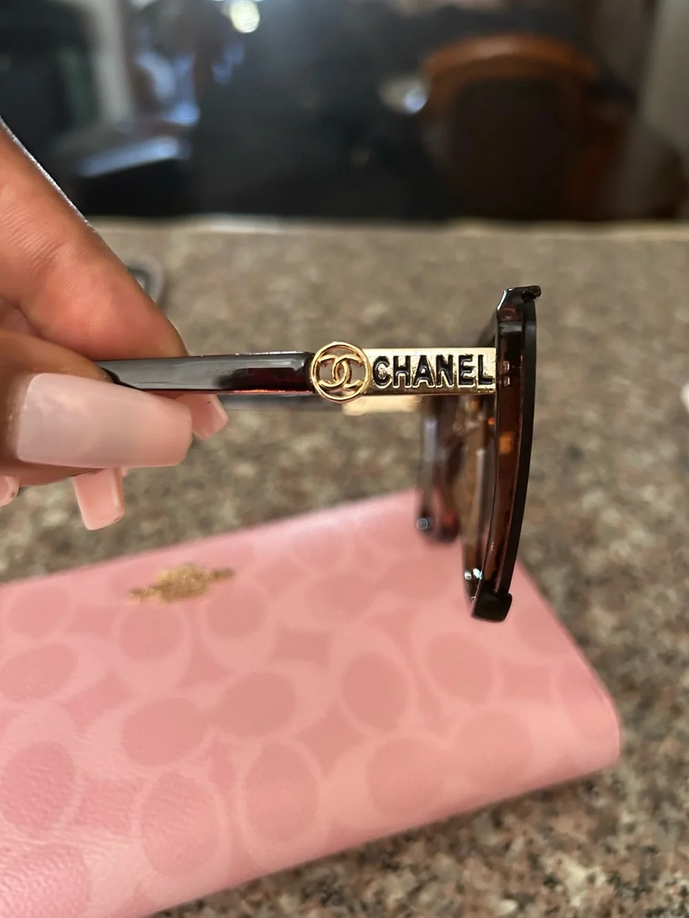 (NOT-CHANEL Tortoiseshell Sunglasses with Gold Logo Detail